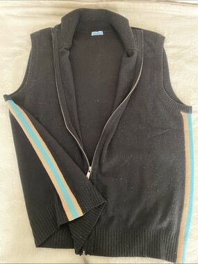 Malo Black Zip-Up Sleeveless Sweater with Blue and Tan Stripes